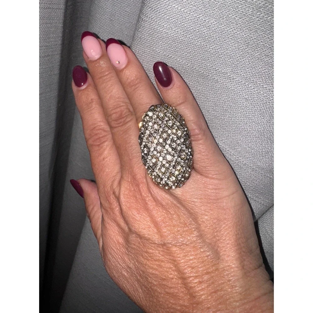 Statement Cocktail Ring Oval Gold Rhinestone Pave Party Bling‎ Fashion Jewelry